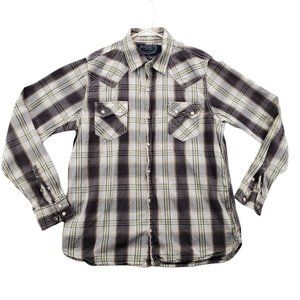 GPH Supply Co. Shirt Men's Pearl Snap Up Long Roll-Tab Sleeve Plaid Gray Medium